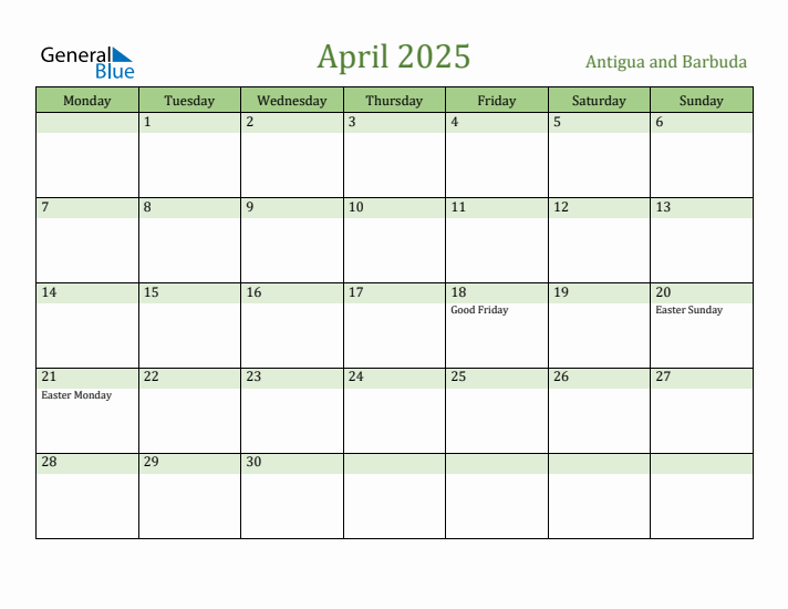 April 2025 Calendar with Antigua and Barbuda Holidays