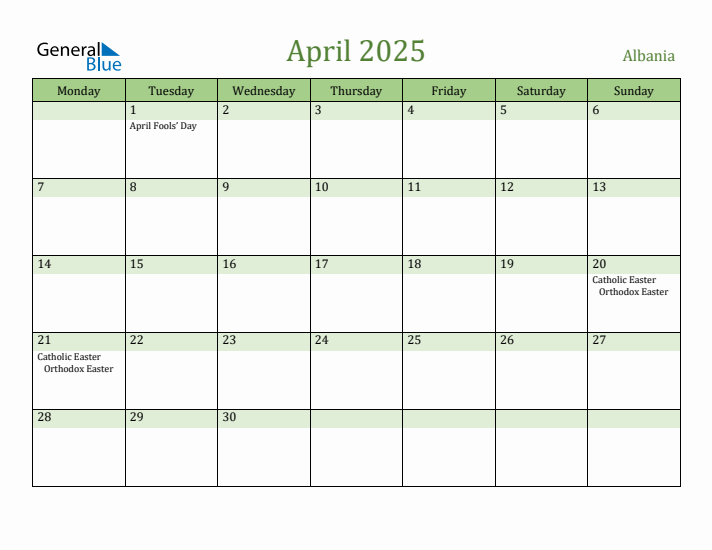 April 2025 Calendar with Albania Holidays