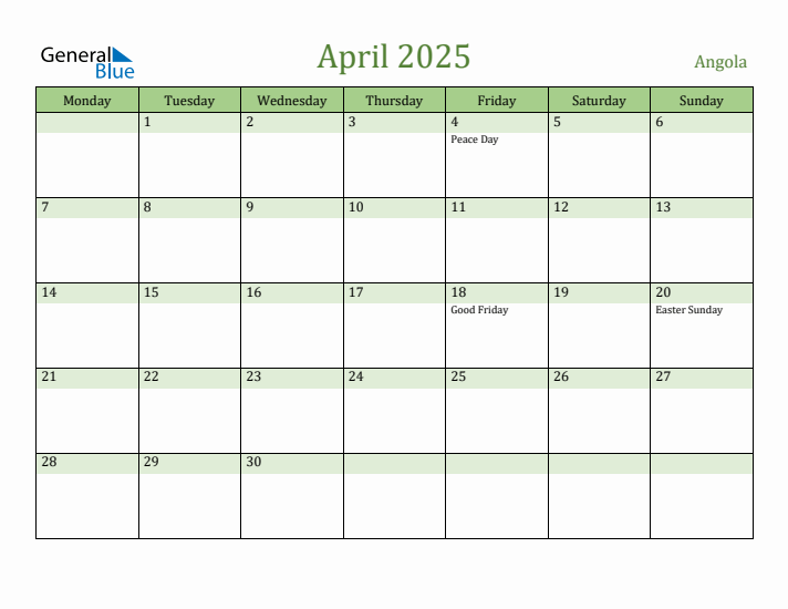 April 2025 Calendar with Angola Holidays