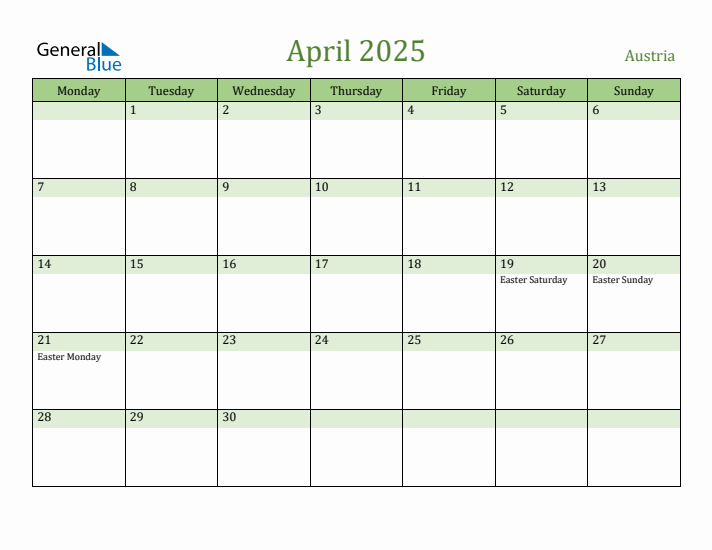 April 2025 Calendar with Austria Holidays