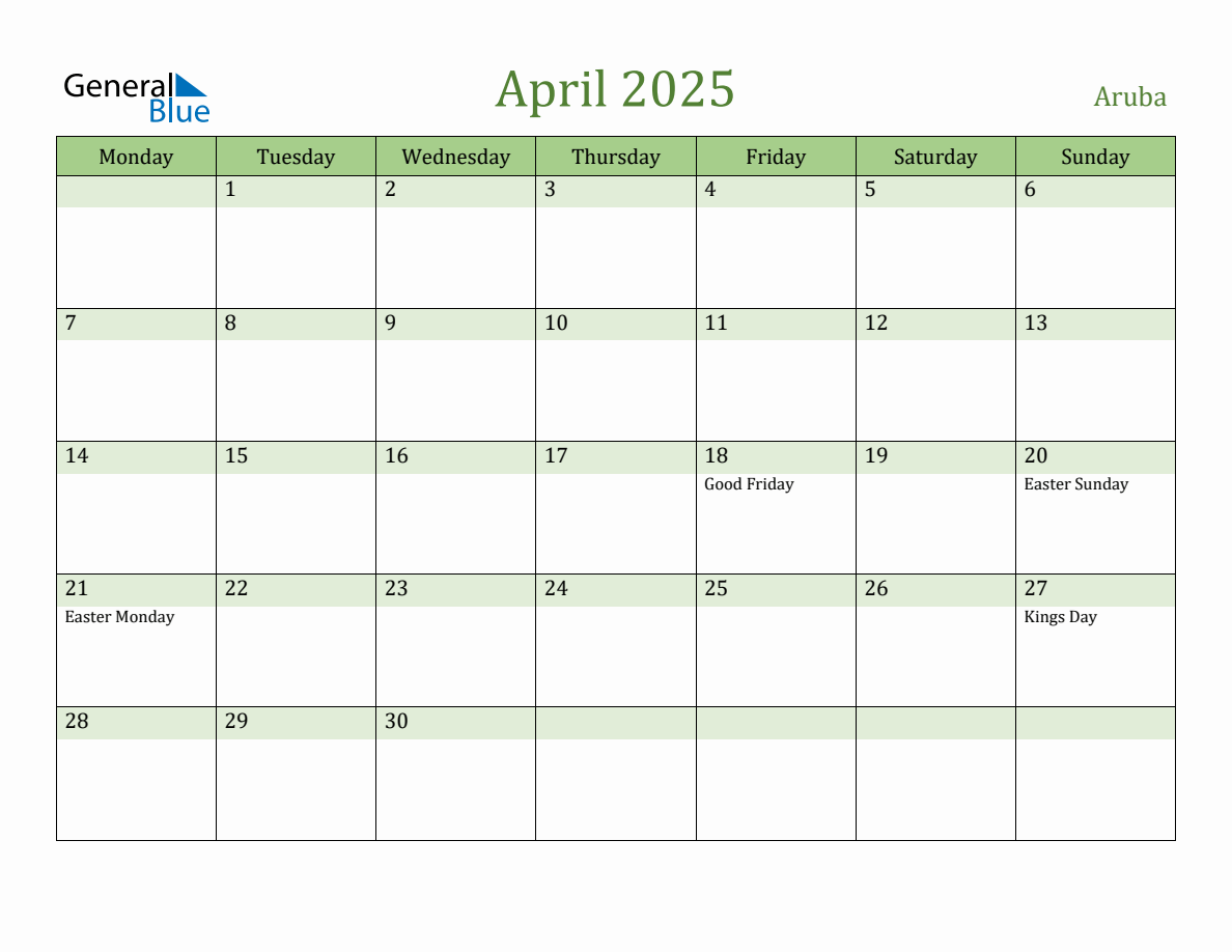 Fillable Holiday Calendar for Aruba April 2025