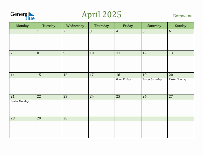 April 2025 Calendar with Botswana Holidays