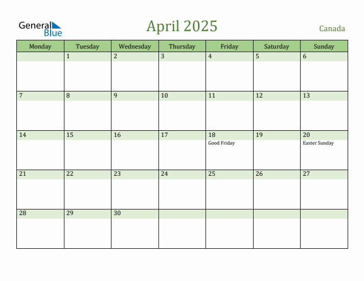 April 2025 Calendar with Canada Holidays