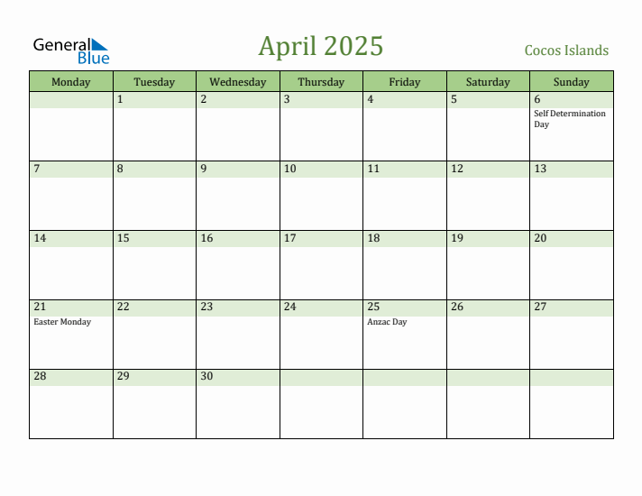 April 2025 Calendar with Cocos Islands Holidays