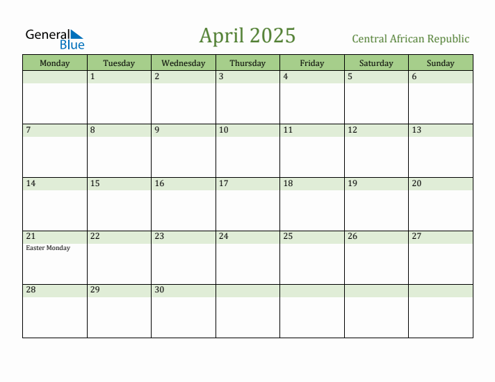 April 2025 Calendar with Central African Republic Holidays