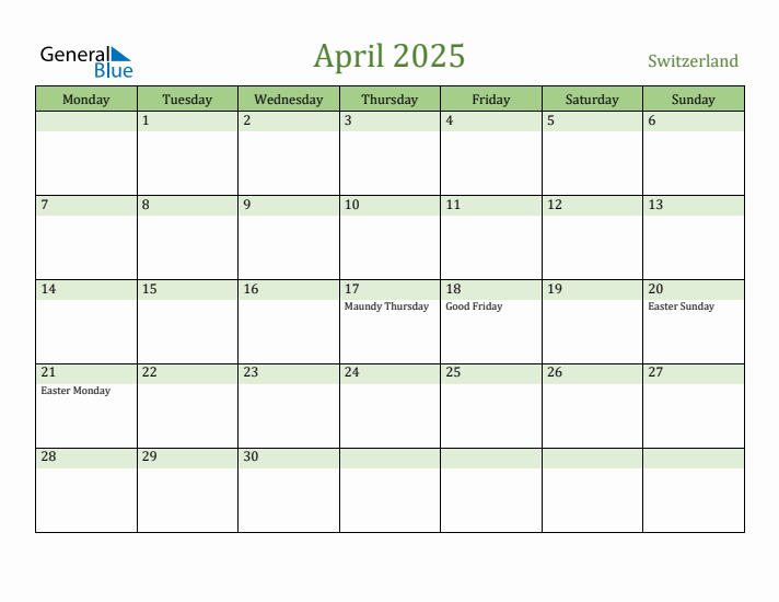 April 2025 Calendar with Switzerland Holidays