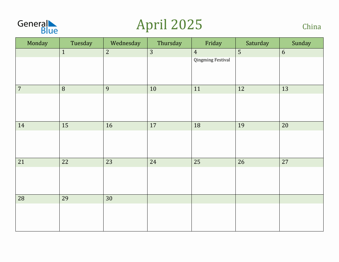 Fillable Holiday Calendar for China - April 2025