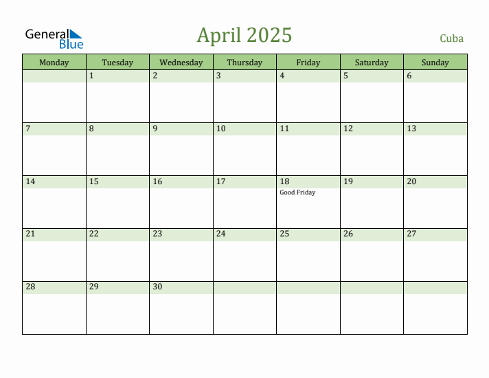 April 2025 Calendar with Cuba Holidays