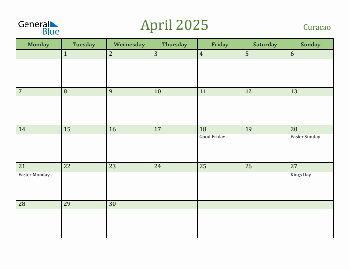 April 2025 Calendar with Curacao Holidays