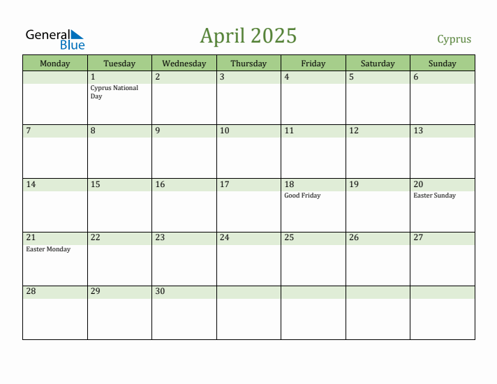 April 2025 Calendar with Cyprus Holidays