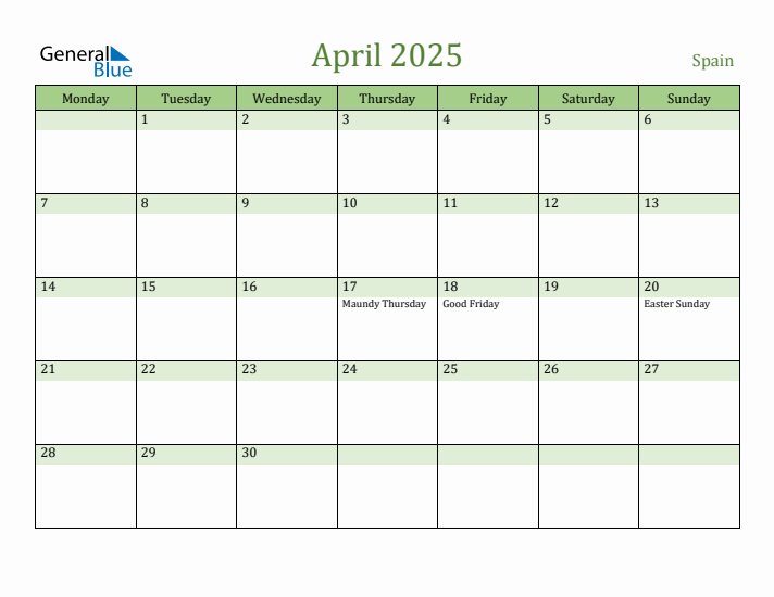 April 2025 Calendar with Spain Holidays