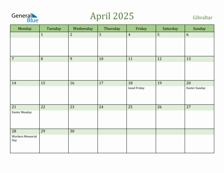 April 2025 Calendar with Gibraltar Holidays