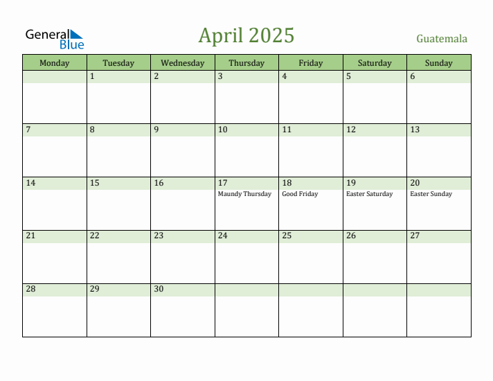 April 2025 Calendar with Guatemala Holidays