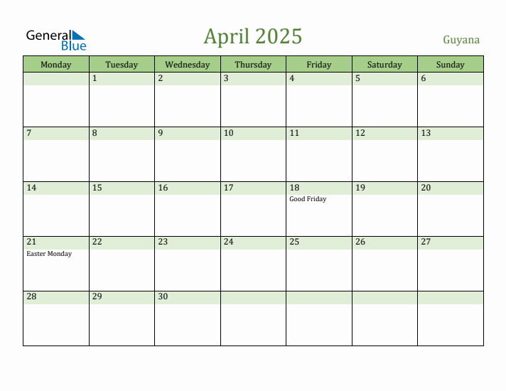April 2025 Calendar with Guyana Holidays
