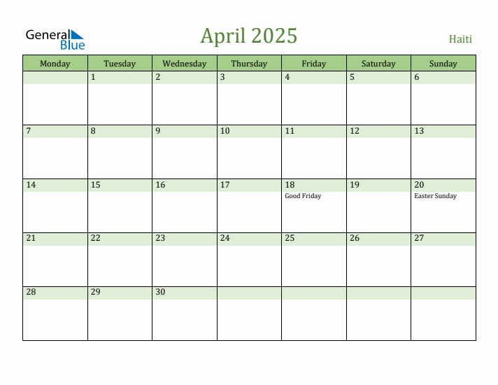 April 2025 Calendar with Haiti Holidays