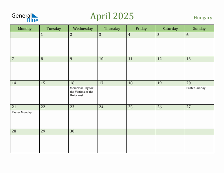 April 2025 Calendar with Hungary Holidays