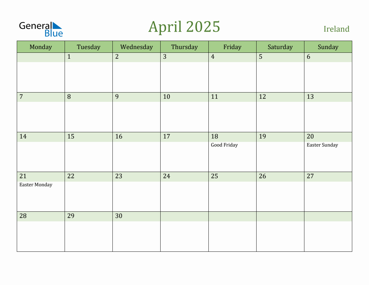 Fillable Holiday Calendar for Ireland April 2025