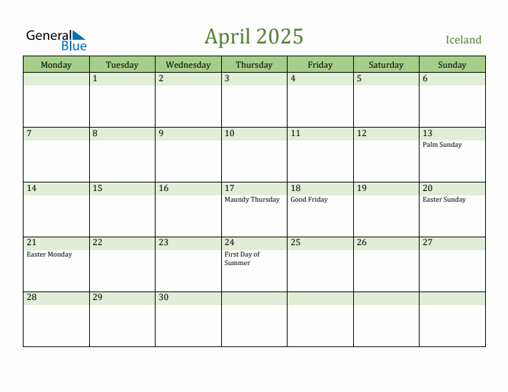 April 2025 Calendar with Iceland Holidays
