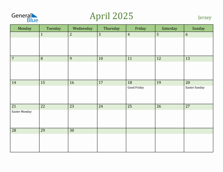 April 2025 Calendar with Jersey Holidays
