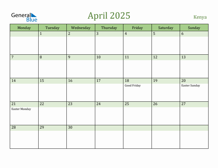 April 2025 Calendar with Kenya Holidays