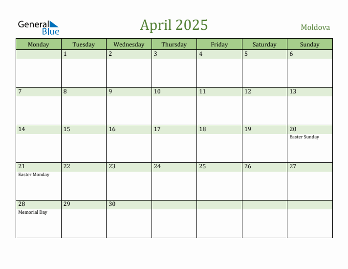 April 2025 Calendar with Moldova Holidays