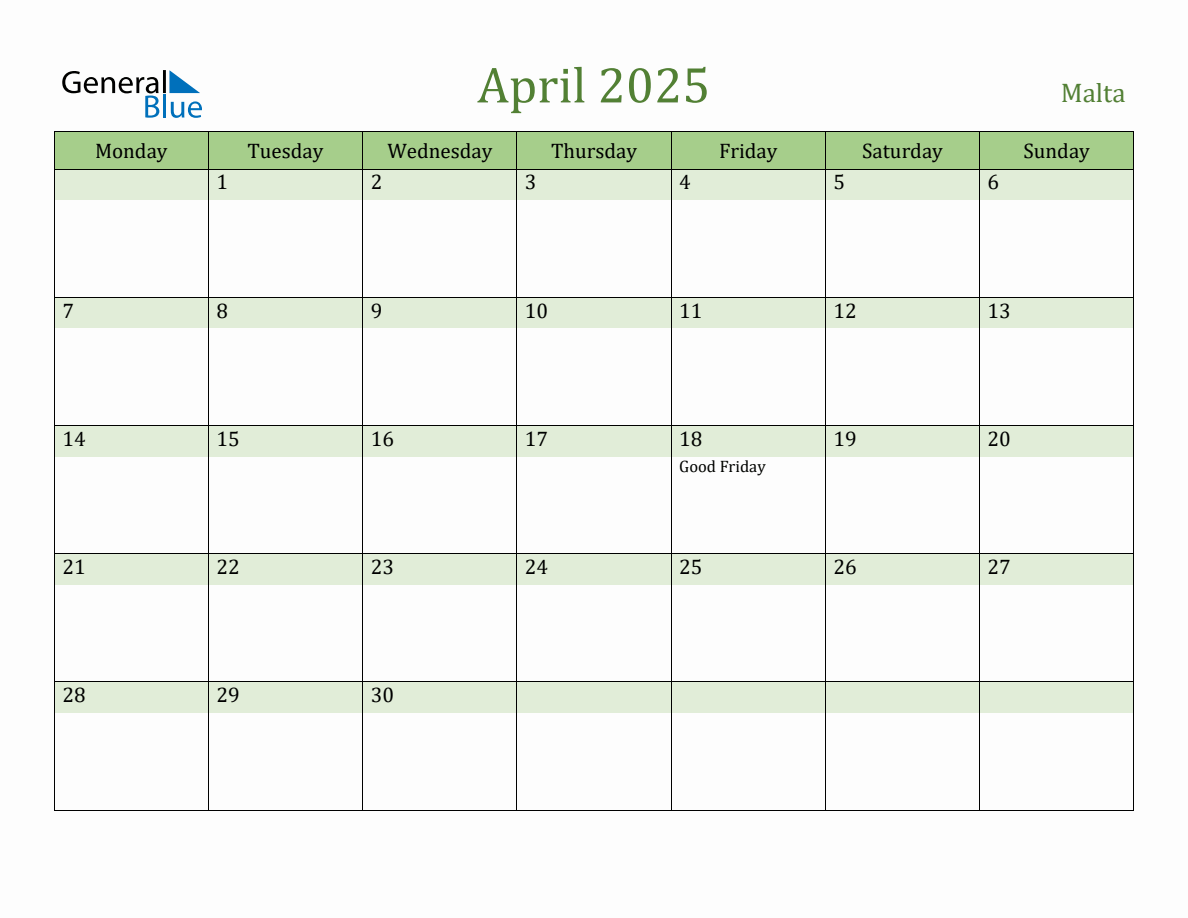 Fillable Holiday Calendar for Malta April 2025