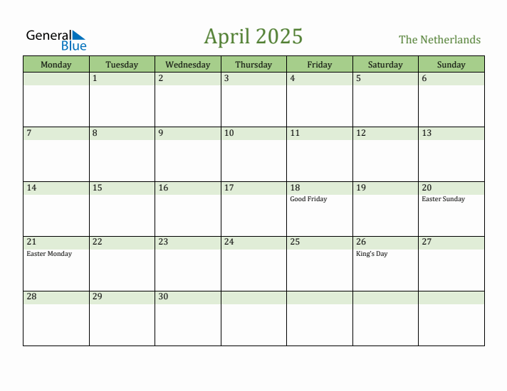 April 2025 Calendar with The Netherlands Holidays