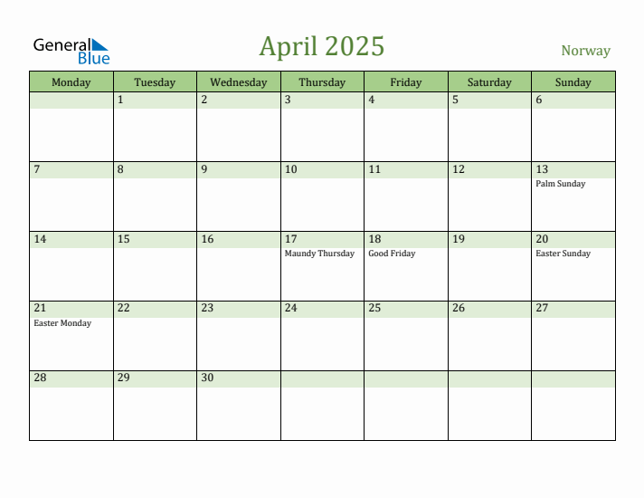 April 2025 Calendar with Norway Holidays