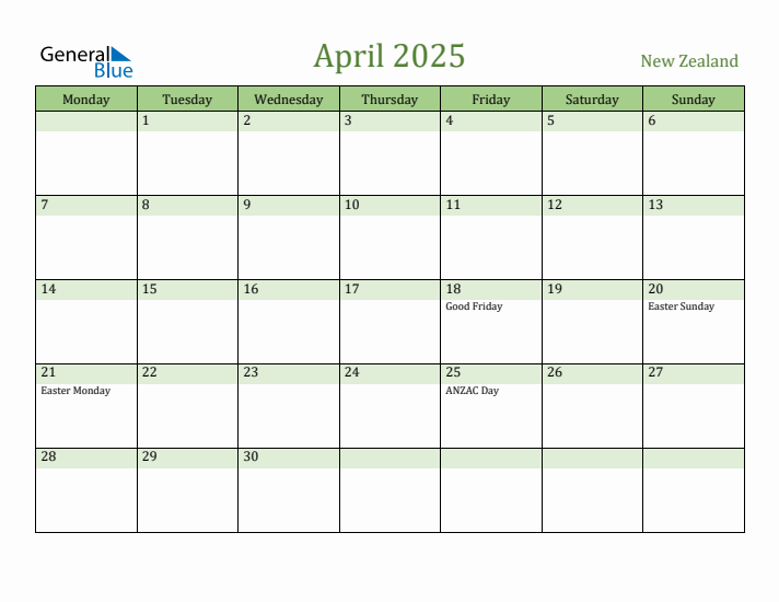 April 2025 Calendar with New Zealand Holidays