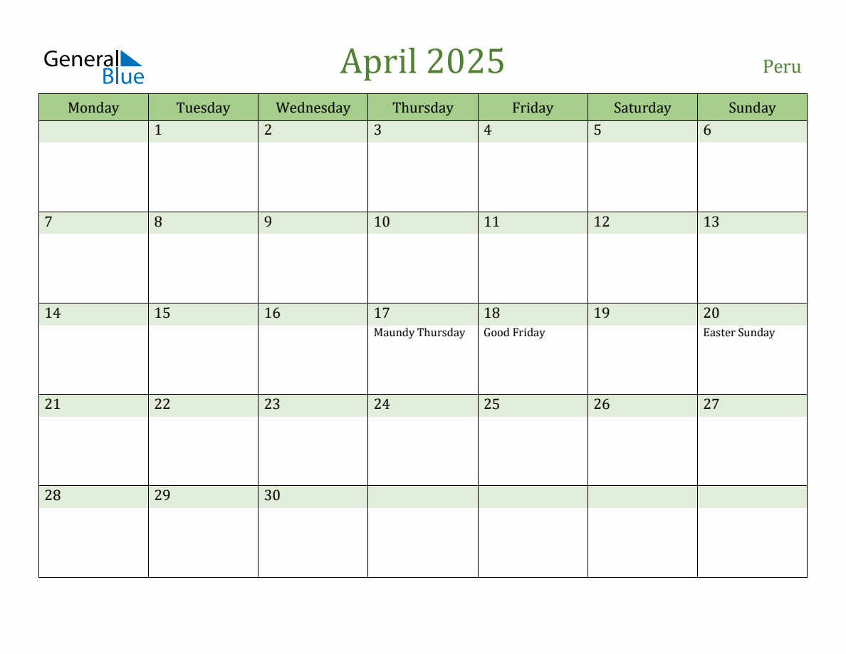 Fillable Holiday Calendar for Peru April 2025