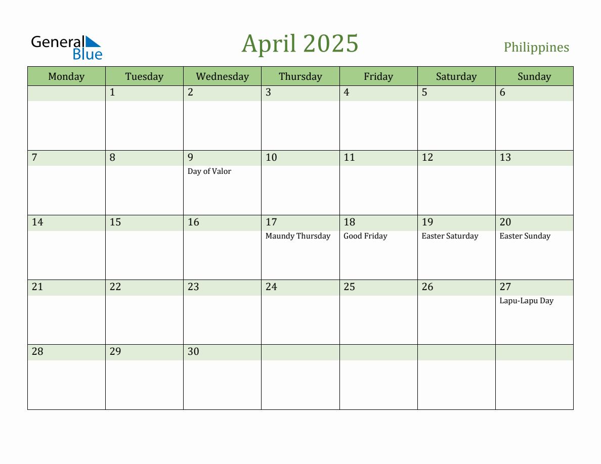 Fillable Holiday Calendar for Philippines April 2025