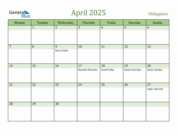 April 2025 Philippines Monthly Calendar with Holidays