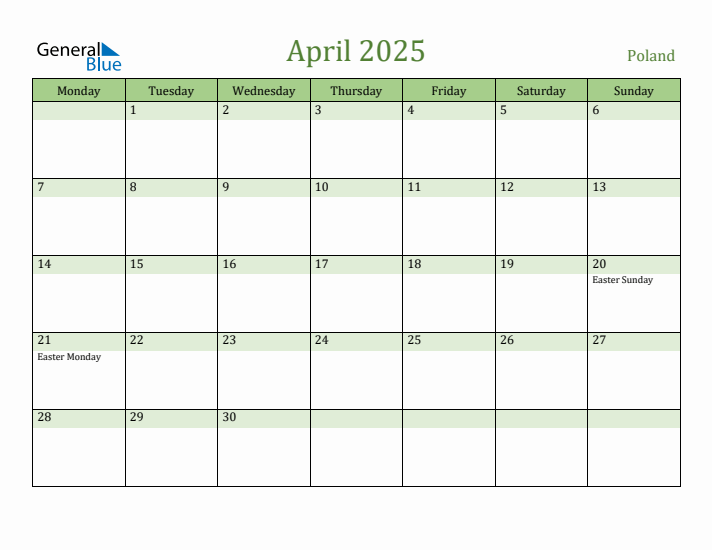 April 2025 Calendar with Poland Holidays