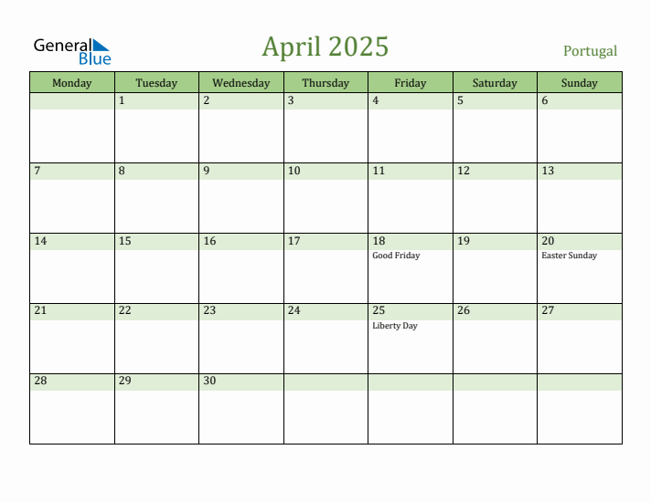 April 2025 Calendar with Portugal Holidays