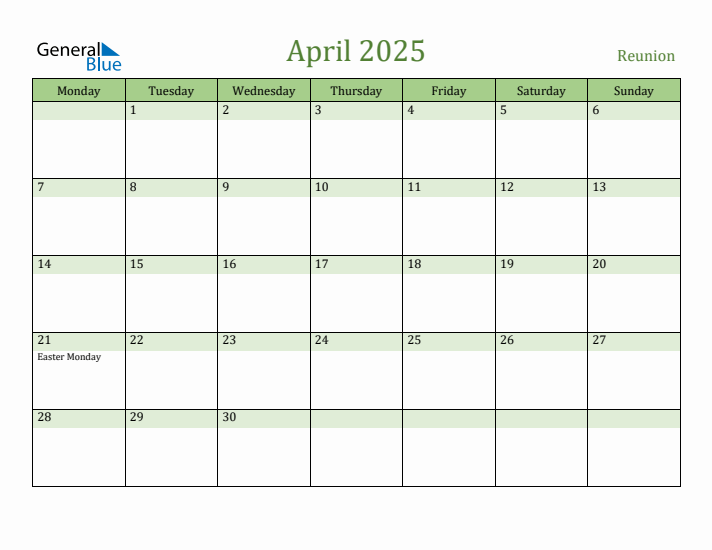 April 2025 Calendar with Reunion Holidays