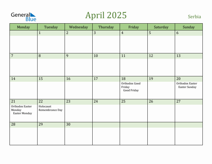 April 2025 Calendar with Serbia Holidays