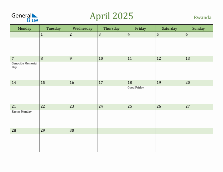 April 2025 Calendar with Rwanda Holidays
