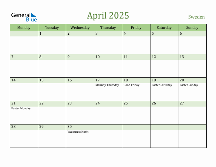April 2025 Calendar with Sweden Holidays