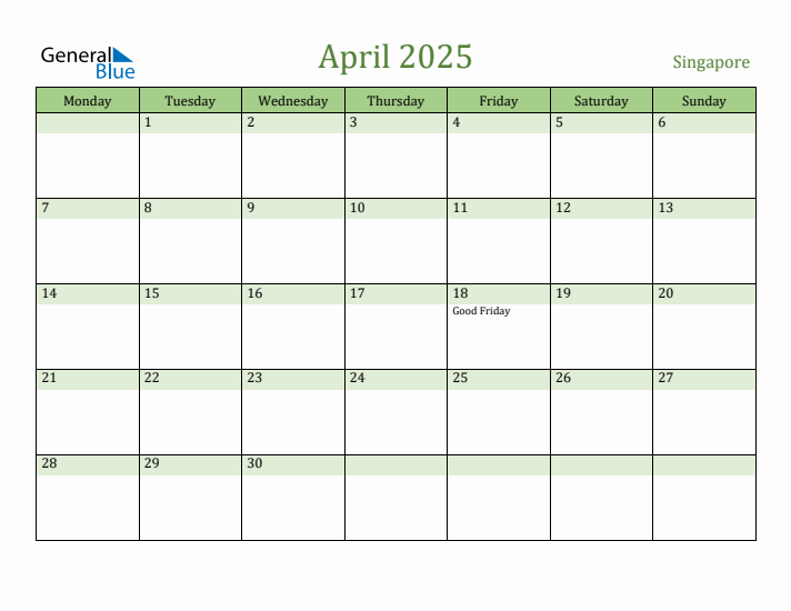 April 2025 Calendar with Singapore Holidays