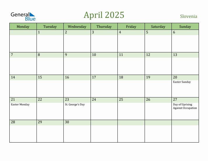 April 2025 Calendar with Slovenia Holidays