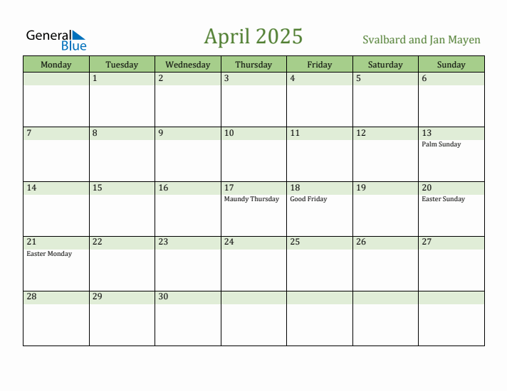 April 2025 Calendar with Svalbard and Jan Mayen Holidays