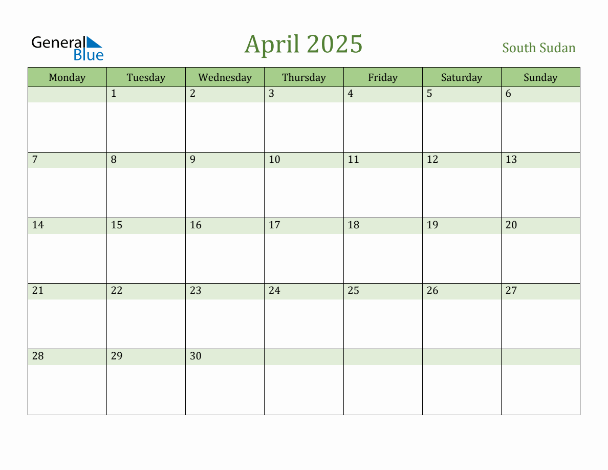 Fillable Holiday Calendar for South Sudan April 2025