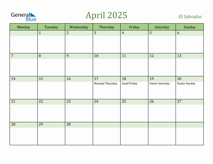April 2025 Calendar with El Salvador Holidays