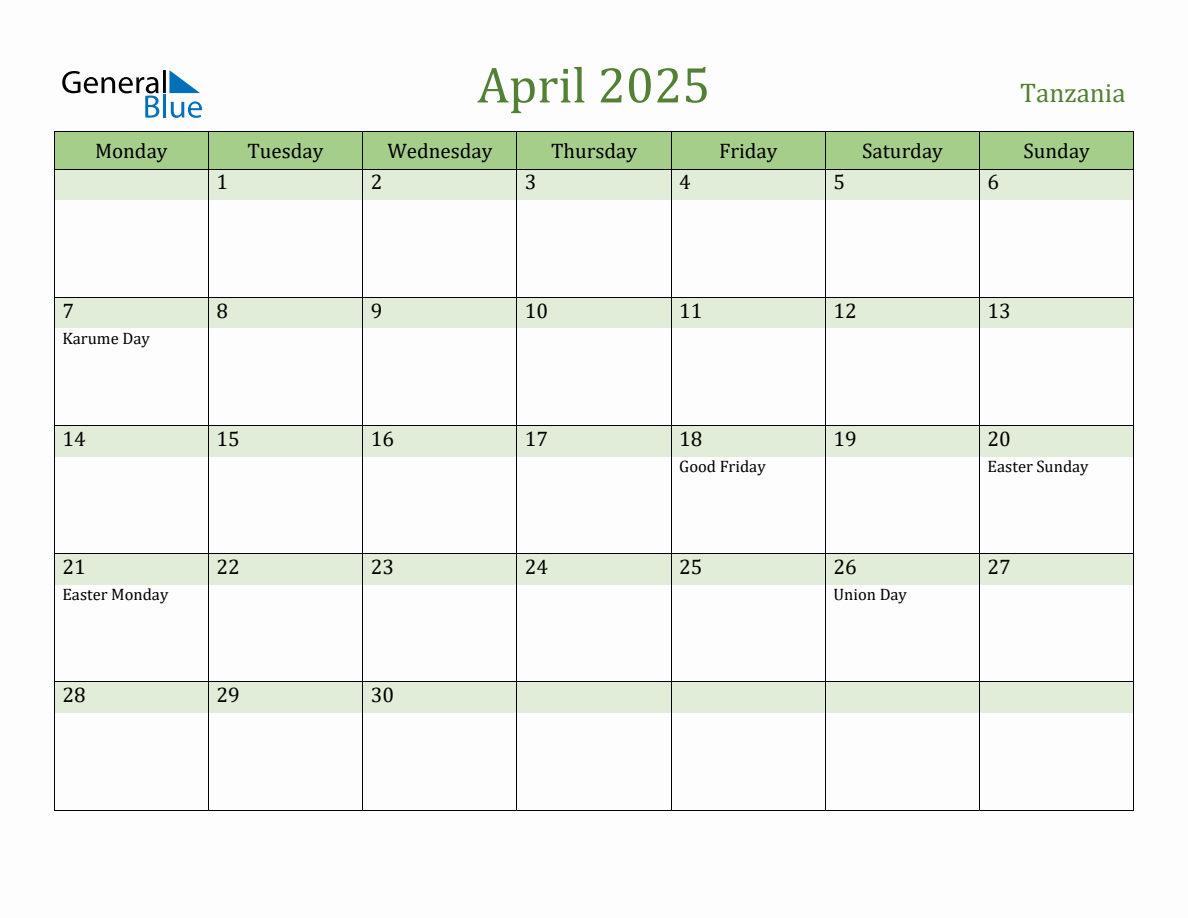 Fillable Holiday Calendar for Tanzania April 2025