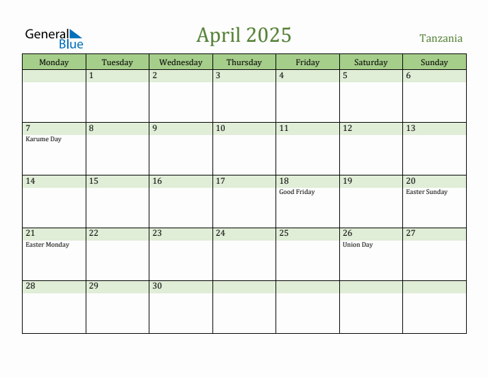 April 2025 Calendar with Tanzania Holidays