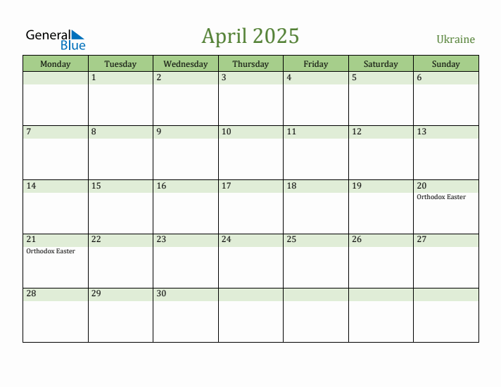 April 2025 Calendar with Ukraine Holidays