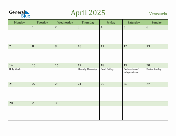 April 2025 Calendar with Venezuela Holidays