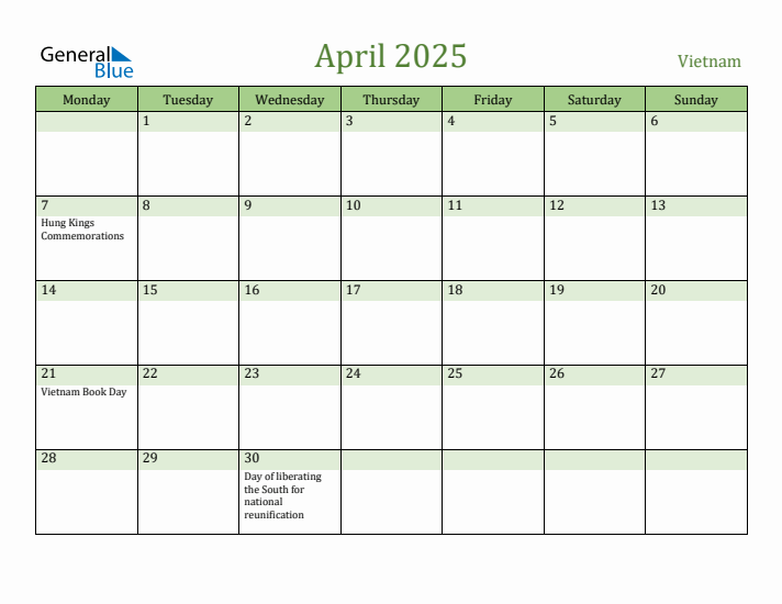 April 2025 Calendar with Vietnam Holidays