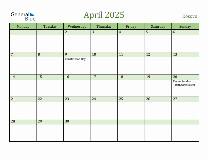 April 2025 Calendar with Kosovo Holidays