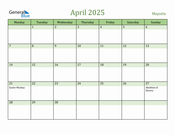 April 2025 Calendar with Mayotte Holidays